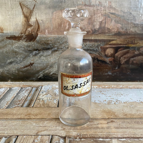 Antique Glass Pharmacy Bottle with Reverse Glass Label - Ol. Sassaf.