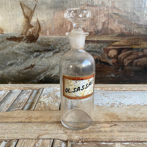 Antique Glass Pharmacy Bottle with Reverse Glass Label - Ol. Sassaf.