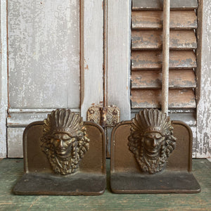 Antique Pair of Cast Iron Indian Chief Bookends