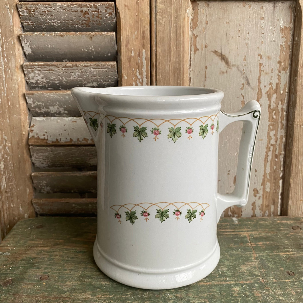 Antique Ironstone Pitcher - Flowers and Green Leaves  6
