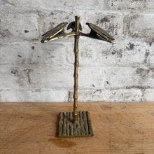 Load image into Gallery viewer, 1970s Brass Triple Palm Clip Stand - Faux Bamboo Photo Holder
