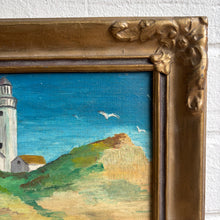 Load image into Gallery viewer, Vintage Lighthouse Oil Painting in Ornate Gilt Frame - Coastal Folk Art

