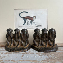 Load image into Gallery viewer, Vintage Cast Iron Three Wise Monkeys Bookends - Speak See Hear No Evil - Pair
