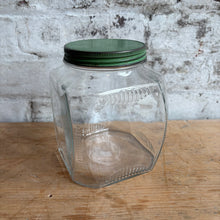 Load image into Gallery viewer, Vintage Square Hoosier Glass Canister Jar with Green Lid
