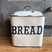 Load image into Gallery viewer, Antique Enamel Bread Bin - White with Cobalt BREAD
