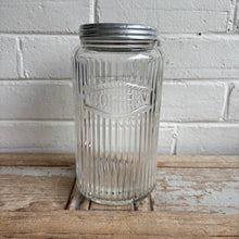 Load image into Gallery viewer, Vintage 1930s Ribbed Glass Hoosier Coffee Canister with Aluminum Lid
