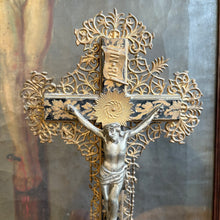 Load image into Gallery viewer, 19th-Century Antique French Filigree Standing Crucifix on Wood Base
