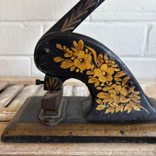 Load image into Gallery viewer, Antique 19th Century Japanned Lever Paper Cutter / Desk Press with Gilt Floral Decoration

