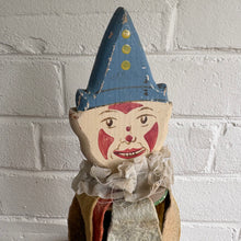 Load image into Gallery viewer, Rare 1940s Wooden Clown Whirligig Pull Toy - Hand Painted Folk Art Spinner with Felt Petals
