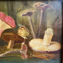 Load image into Gallery viewer, Rare Early 20th Century Mycological Oil on Canvas – Mushroom Study in Original Bird's Eye Maple Frame, circa 1930s
