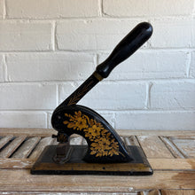 Load image into Gallery viewer, Antique 19th Century Japanned Lever Paper Cutter / Desk Press with Gilt Floral Decoration
