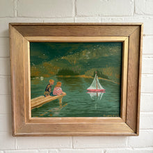 Load image into Gallery viewer, Vintage Oil Painting - Children with Toy Sailboat c1947

