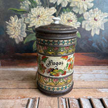 Load image into Gallery viewer, Antique Late 1800s Lithographed Sugar Tin Canister w/ Porcelain Knob
