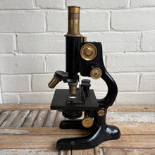 Load image into Gallery viewer, Antique Bausch &amp; Lomb Brass &amp; Black Enamel Microscope with Original Wooden Case c1925
