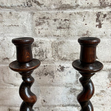 Load image into Gallery viewer, Pair of Antique English Barley Twist Oak Candlesticks
