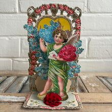 Load image into Gallery viewer, Antique Die-Cut Valentine Card with Winged Cherub &amp; Floral Motif
