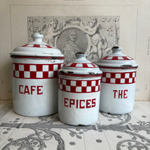Load image into Gallery viewer, Antique French Kitchen Canisters (Set of 3) – Enamelware Café Thé Epices C1920

