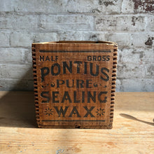 Load image into Gallery viewer, Antique Pontius Pure Sealing Wax 5¢ Wooden Crate – Columbia City, Indiana c. 1890s
