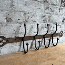 Load image into Gallery viewer, Antique French Wrought Iron Coat Rack - 4 Double Hooks with Heart Ends
