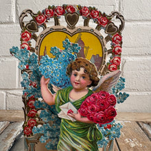 Load image into Gallery viewer, Antique Die-Cut Valentine Card with Winged Cherub &amp; Floral Motif
