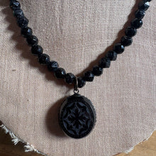 Load image into Gallery viewer, Victorian Mourning Necklace - Faceted Jet Beads + Carved Oval Pendant c.1880s
