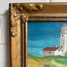 Load image into Gallery viewer, Vintage Lighthouse Oil Painting in Ornate Gilt Frame - Coastal Folk Art
