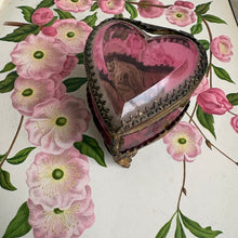 Load image into Gallery viewer, Antique French Cranberry Beveled Glass Heart Jewelry Casket - Ormolu Footed Vitrine c. 1890
