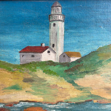 Load image into Gallery viewer, Vintage Lighthouse Oil Painting in Ornate Gilt Frame - Coastal Folk Art
