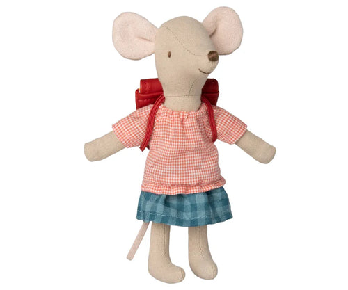 Maileg Big Sister Tricycle Mouse with Red Bag Designed in Denmark Made in China