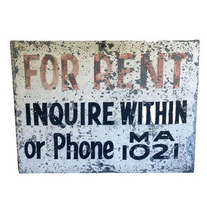 Vintage "For Rent Inquire Within" Metal Sign on Wood