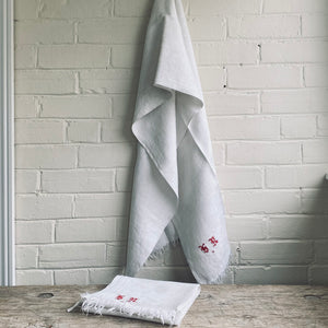 Pair of Antique French Linen Towels with Red Monogram