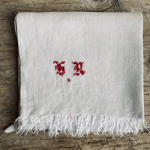Pair of Antique French Linen Towels with Red Monogram