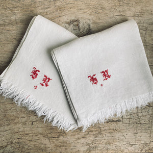 Pair of Antique French Linen Towels with Red Monogram
