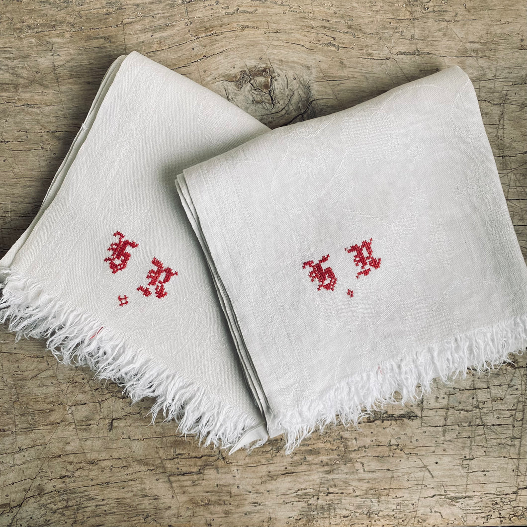 Pair of Antique French Linen Towels with Red Monogram