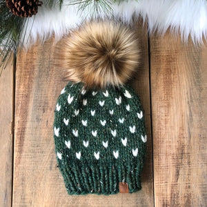 Little Hearts Hand Knitted Hat with Pom