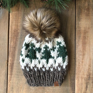 Wintry Pines Hand Knitted Hat with Pom
