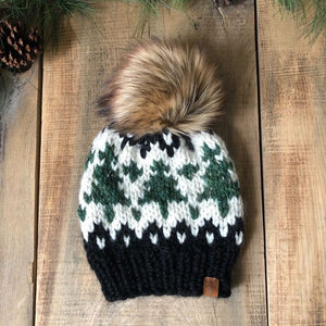 Wintry Pines Hand Knitted Hat with Pom