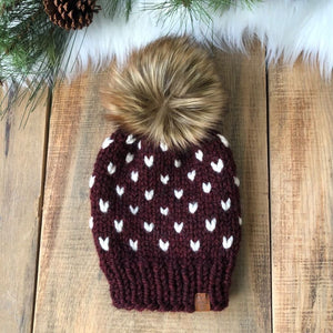 Little Hearts Hand Knitted Hat with Pom