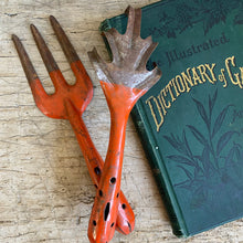 Load image into Gallery viewer, Set/2 Vintage Orange Metal Garden Forks
