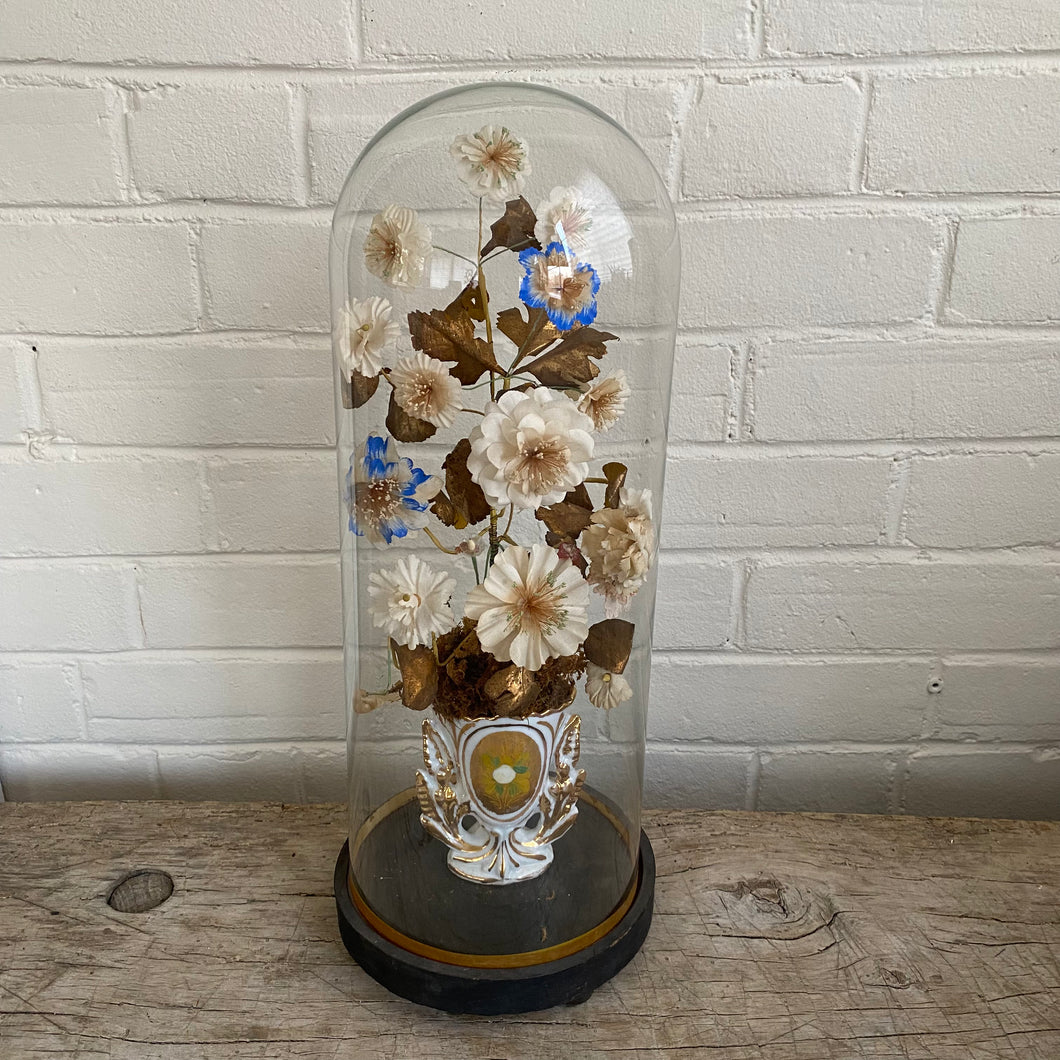 Antique Victorian Tall Flower Display with Vase in Dome