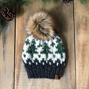 Wintry Pines Hand Knitted Hat with Pom