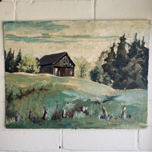 Vintage Oil on Board - Barn in Field by London Ontario Artist Helen McGregor
